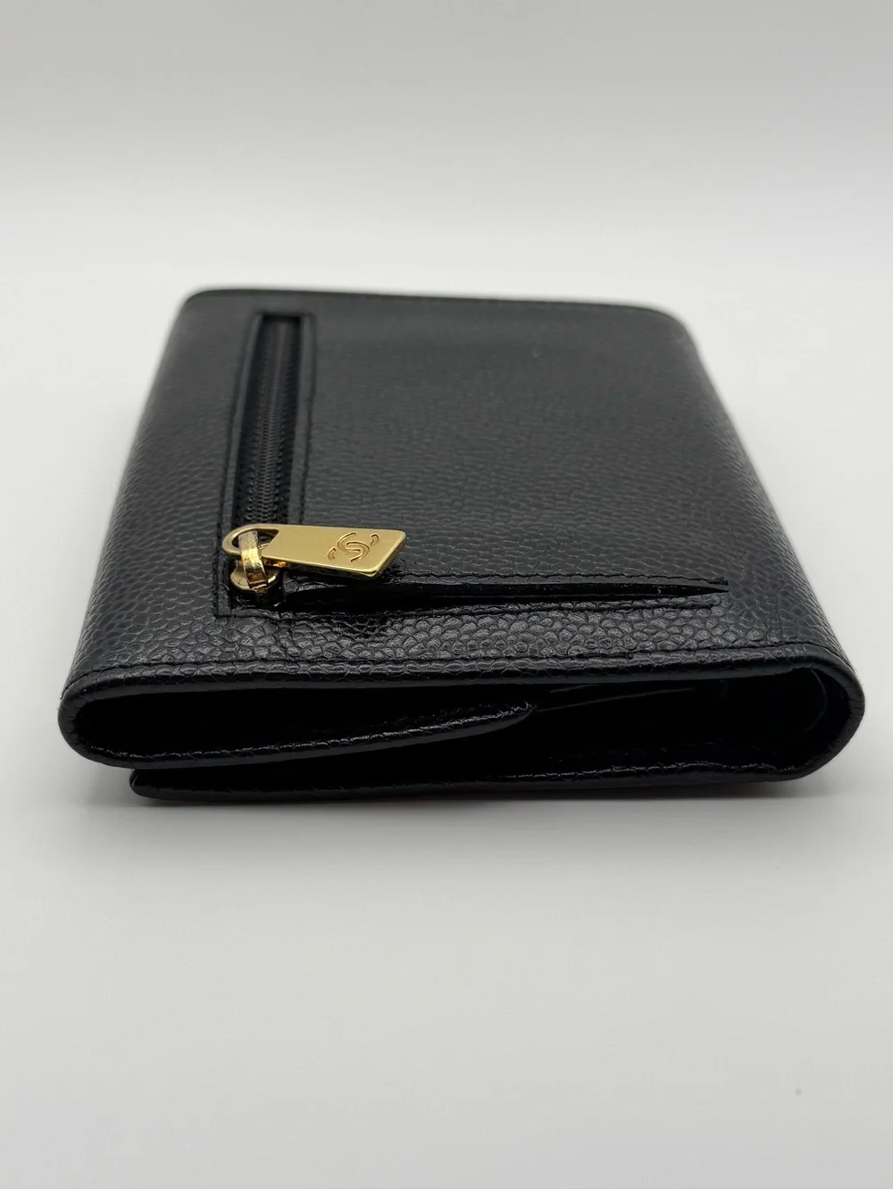 CHANEL Black Caviar Leather Compact Trifold Wallet